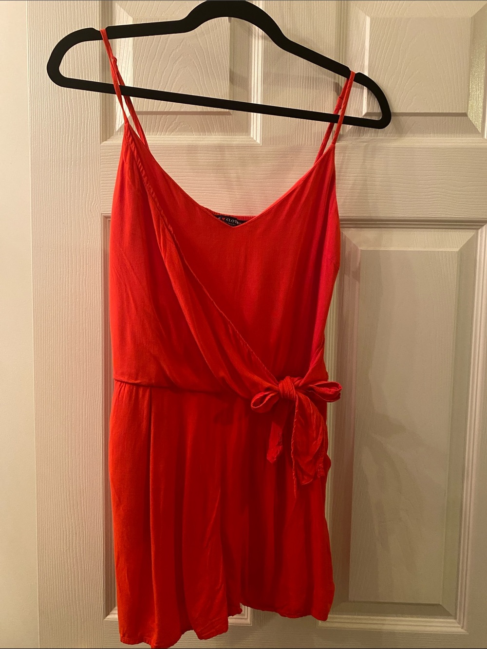 one clothing Red Sleeveless Tie-Waist Romper with Spaghetti Straps